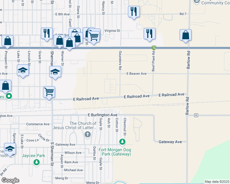 map of restaurants, bars, coffee shops, grocery stores, and more near 1000 East Railroad Avenue in Fort Morgan