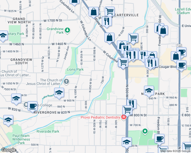 map of restaurants, bars, coffee shops, grocery stores, and more near 1168 North 800 West in Provo