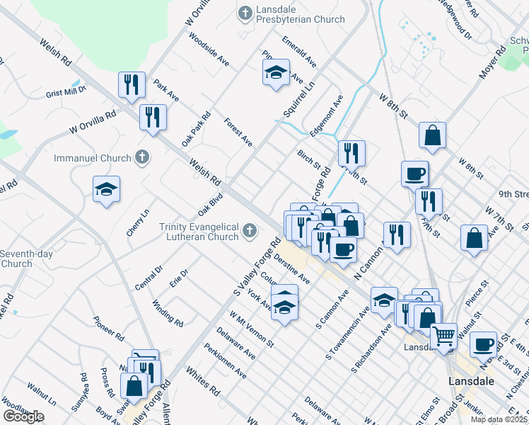 map of restaurants, bars, coffee shops, grocery stores, and more near 1003 West Main Street in Lansdale