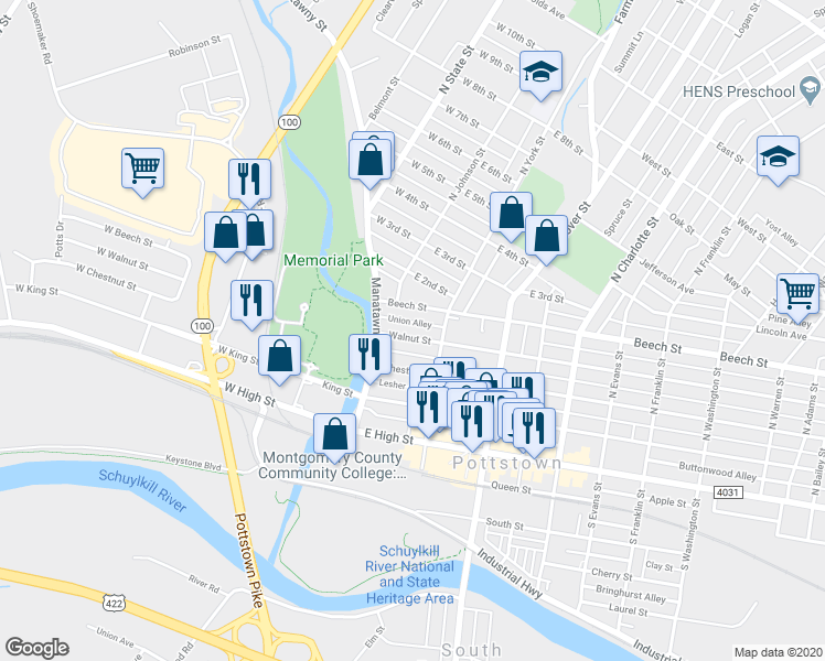 map of restaurants, bars, coffee shops, grocery stores, and more near 11 Walnut Street in Pottstown