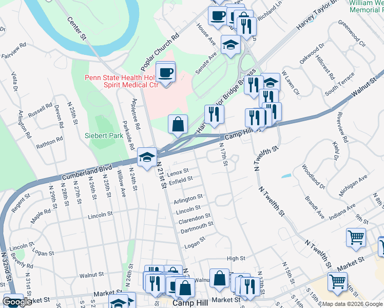 map of restaurants, bars, coffee shops, grocery stores, and more near 398 North 19th Street in Camp Hill