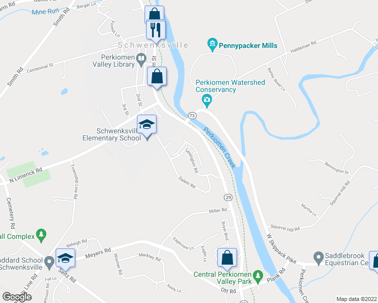 map of restaurants, bars, coffee shops, grocery stores, and more near 318 Lexington Road in Schwenksville