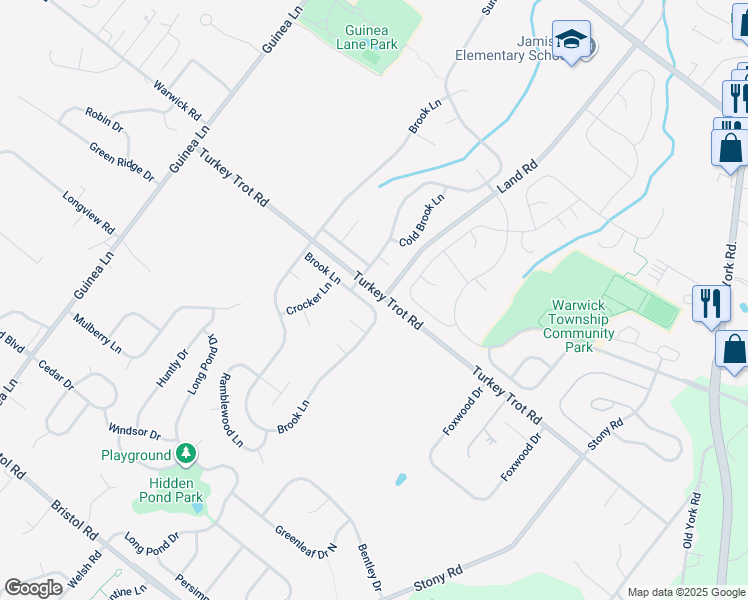 map of restaurants, bars, coffee shops, grocery stores, and more near 1390 Brook Lane in Jamison