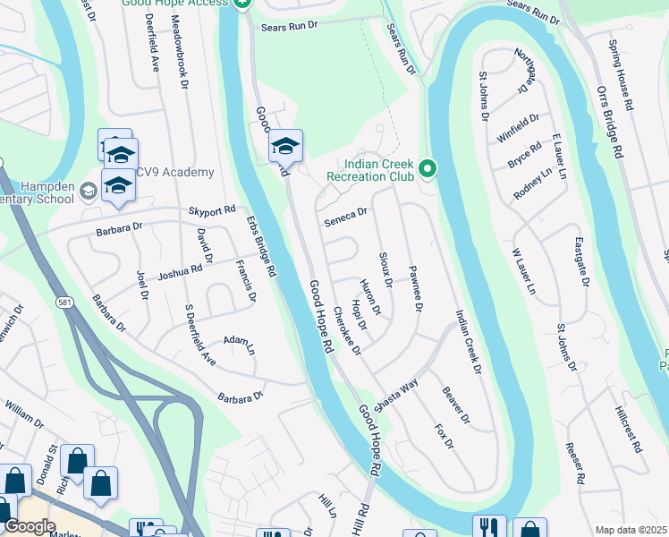 map of restaurants, bars, coffee shops, grocery stores, and more near 427 Cherokee Drive in Mechanicsburg