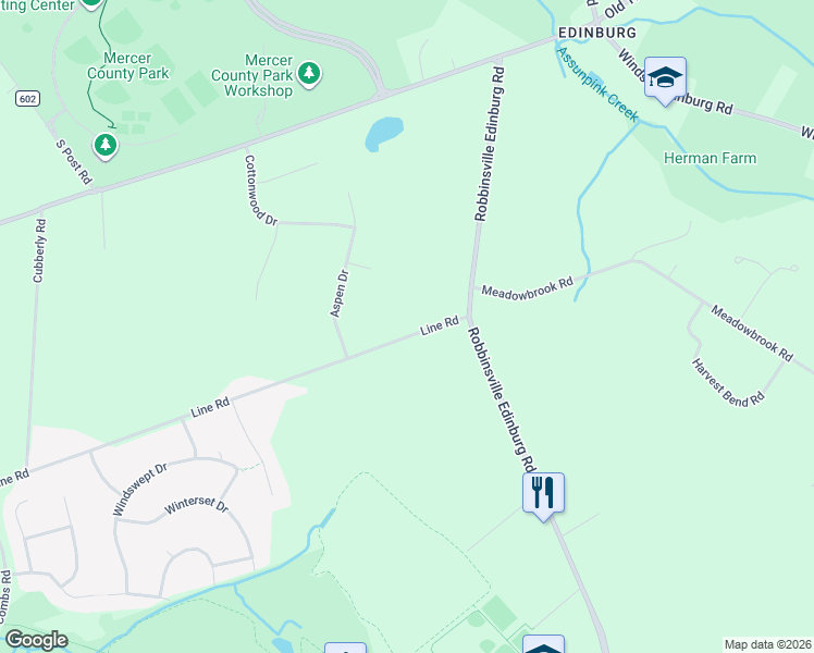 map of restaurants, bars, coffee shops, grocery stores, and more near 166 Line Road in West Windsor Township