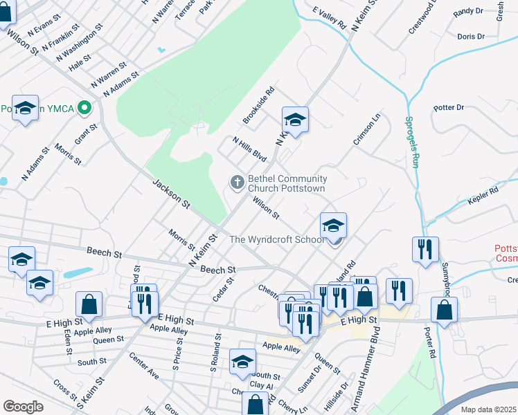 map of restaurants, bars, coffee shops, grocery stores, and more near 1090 Wilson Street in Pottstown