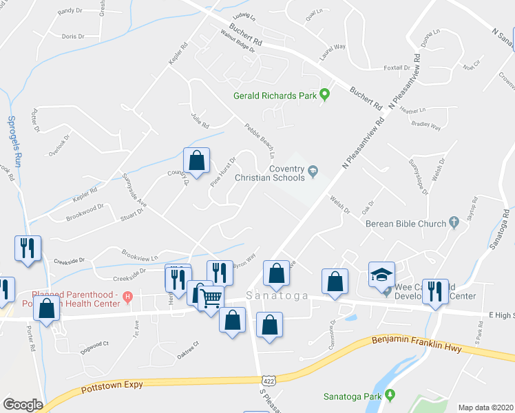 map of restaurants, bars, coffee shops, grocery stores, and more near 104 Village Ln in Pottstown