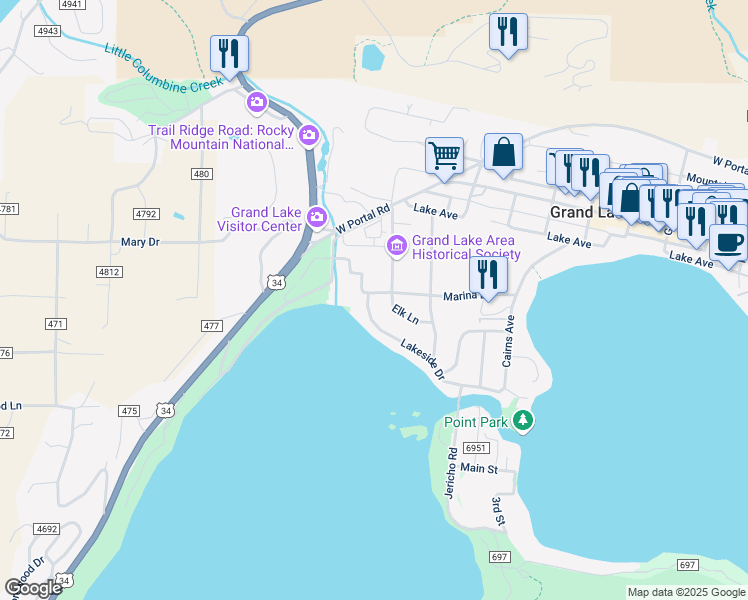 map of restaurants, bars, coffee shops, grocery stores, and more near 302 Lakeside Drive in Grand Lake