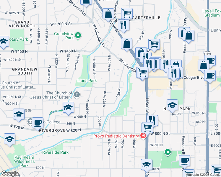 map of restaurants, bars, coffee shops, grocery stores, and more near 1168 North 800 West in Provo
