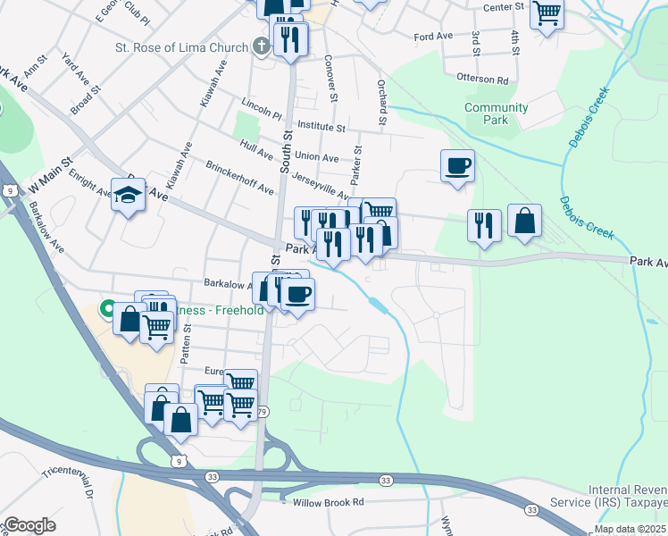 map of restaurants, bars, coffee shops, grocery stores, and more near 588 Park Avenue in Freehold