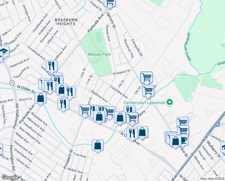 map of restaurants, bars, coffee shops, grocery stores, and more near 2410 Columbia Avenue in Trenton