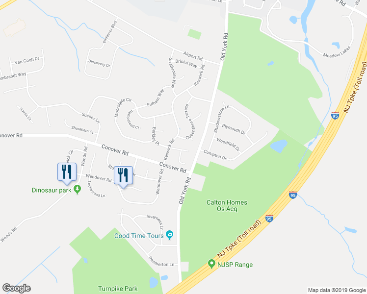map of restaurants, bars, coffee shops, grocery stores, and more near 7 Pasteur Court in East Windsor