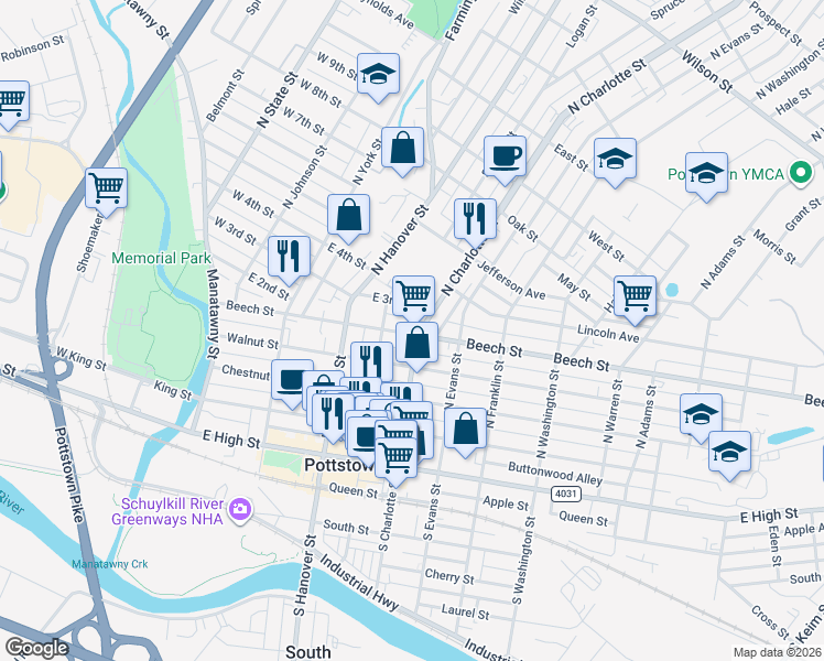 map of restaurants, bars, coffee shops, grocery stores, and more near 265 Beech Street in Pottstown