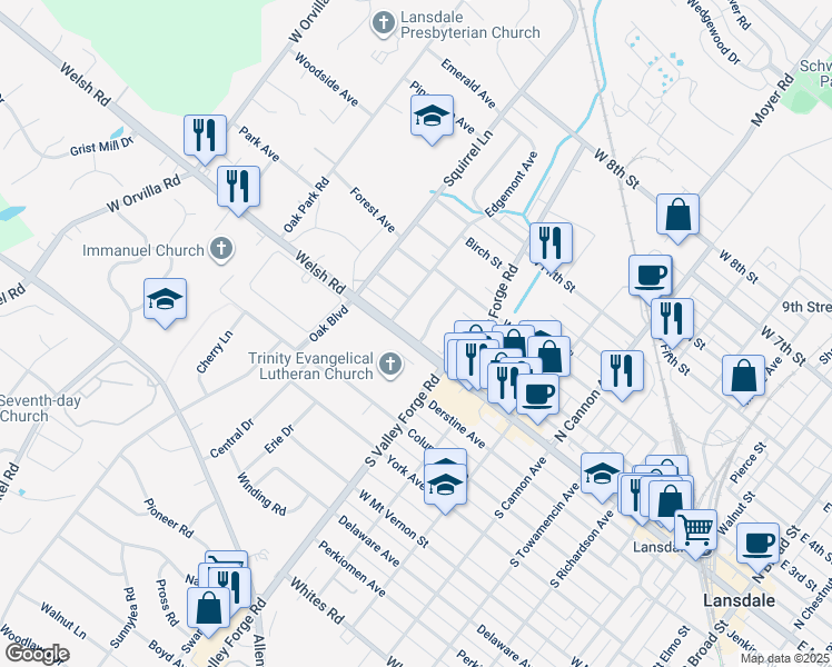 map of restaurants, bars, coffee shops, grocery stores, and more near 1003 West Main Street in Lansdale