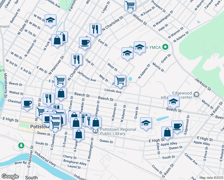map of restaurants, bars, coffee shops, grocery stores, and more near 543 Lincoln Avenue in Pottstown
