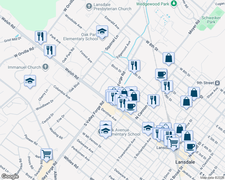 map of restaurants, bars, coffee shops, grocery stores, and more near 204 North Valley Forge Road in Lansdale