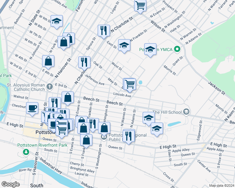 map of restaurants, bars, coffee shops, grocery stores, and more near 598 Lincoln Avenue in Pottstown