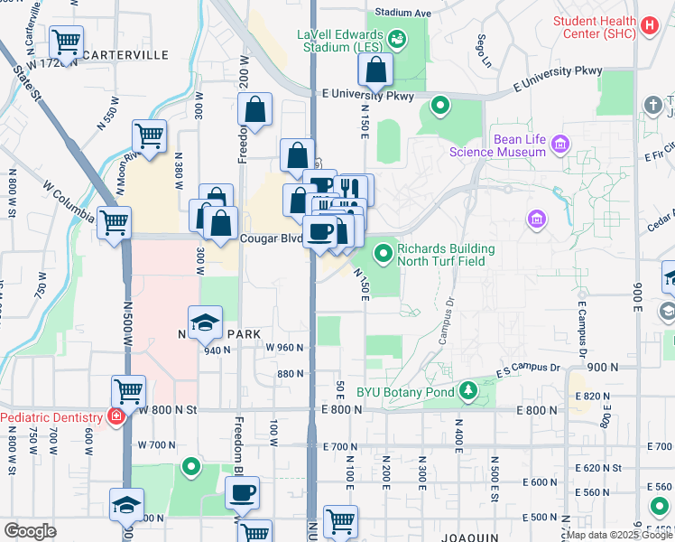 map of restaurants, bars, coffee shops, grocery stores, and more near Provo Canyon Road in Provo