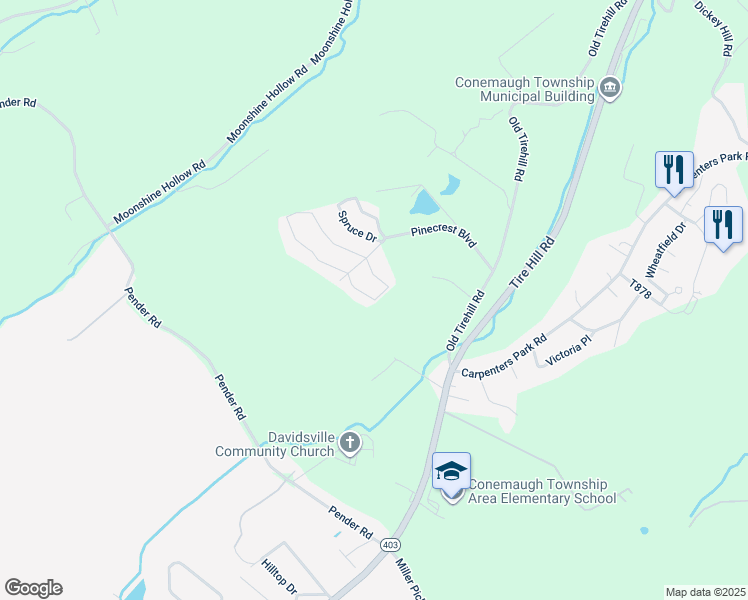 map of restaurants, bars, coffee shops, grocery stores, and more near 199 South Red Drive in Johnstown