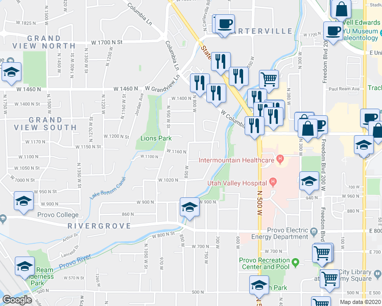 map of restaurants, bars, coffee shops, grocery stores, and more near 1160 North 850 West in Provo