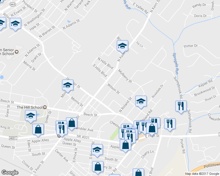 map of restaurants, bars, coffee shops, grocery stores, and more near 1090 Wilson Street in Pottstown