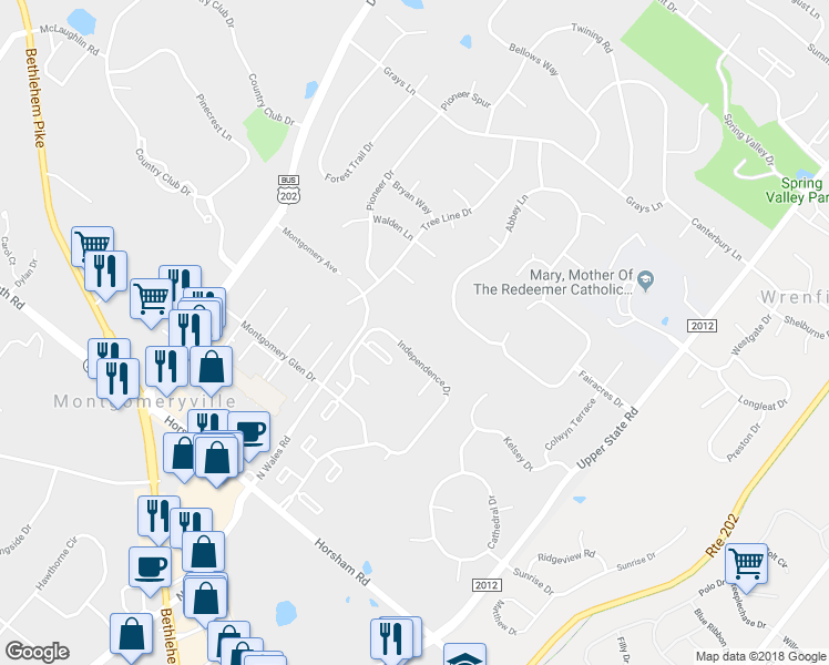 map of restaurants, bars, coffee shops, grocery stores, and more near 1405 Morris Court in North Wales