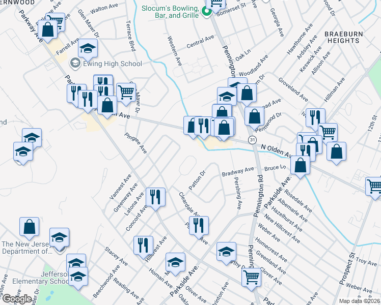 map of restaurants, bars, coffee shops, grocery stores, and more near 631 Concord Circle in Ewing Township