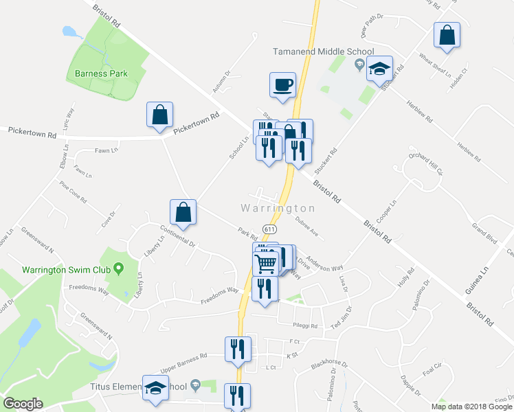 map of restaurants, bars, coffee shops, grocery stores, and more near 307 Jasper Court in Warrington