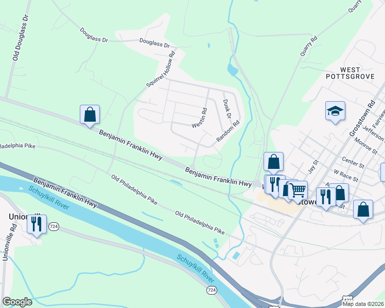 map of restaurants, bars, coffee shops, grocery stores, and more near 19 Broadmoor Boulevard in Douglassville