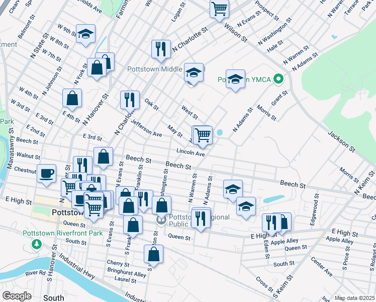 map of restaurants, bars, coffee shops, grocery stores, and more near 541 Lincoln Avenue in Pottstown