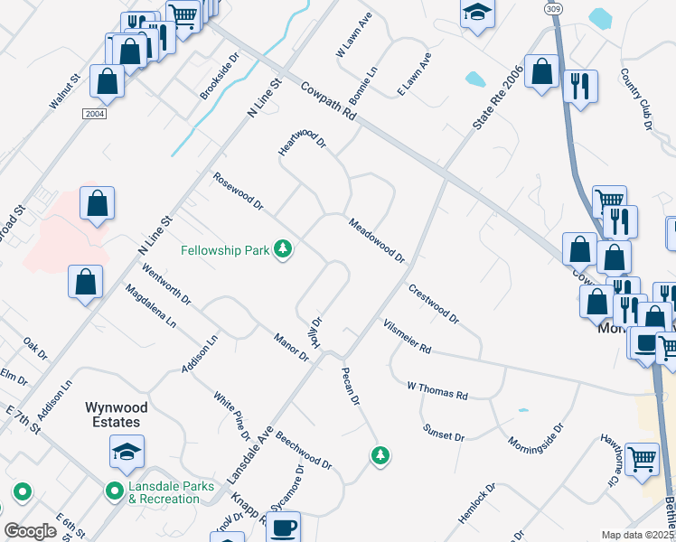 map of restaurants, bars, coffee shops, grocery stores, and more near 111 Holly Drive in Lansdale