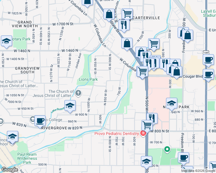 map of restaurants, bars, coffee shops, grocery stores, and more near 1160 North 850 West in Provo