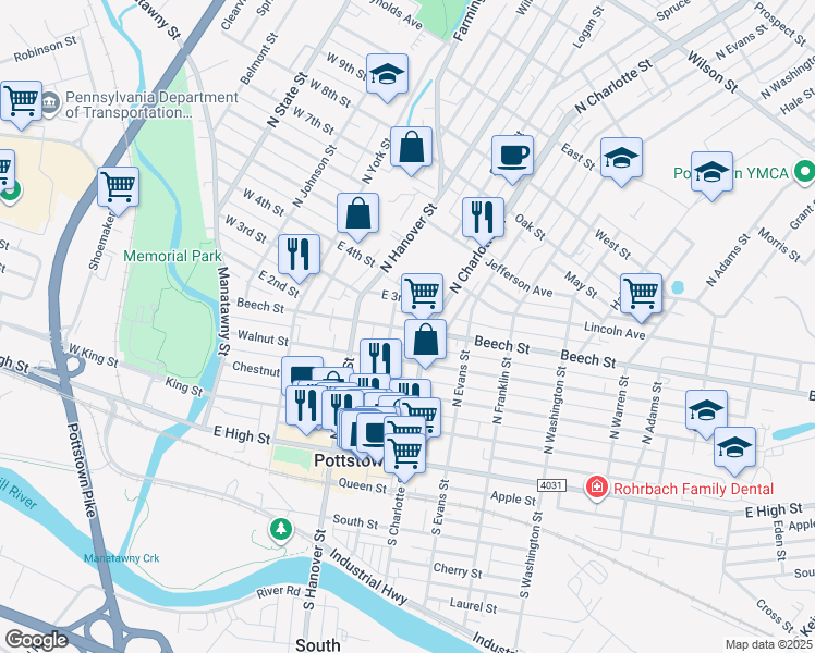 map of restaurants, bars, coffee shops, grocery stores, and more near 237 Beech Street in Pottstown