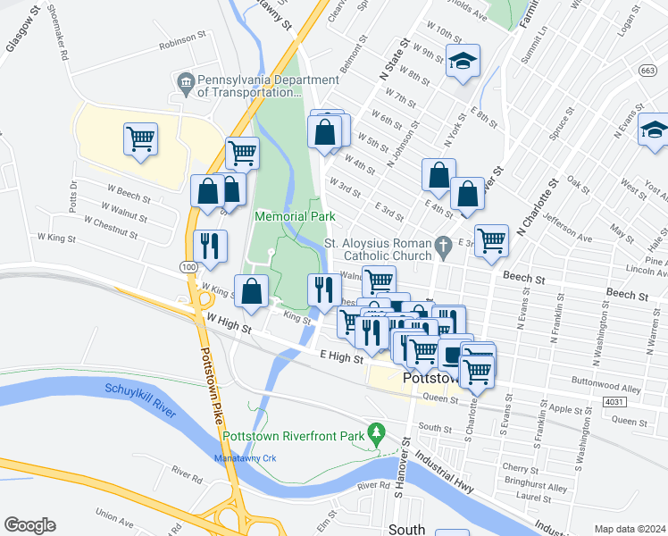 map of restaurants, bars, coffee shops, grocery stores, and more near 1 Walnut Street in Pottstown