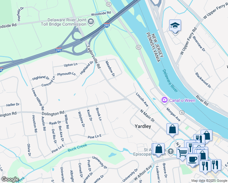 map of restaurants, bars, coffee shops, grocery stores, and more near 209 Taylorsville Road in Yardley