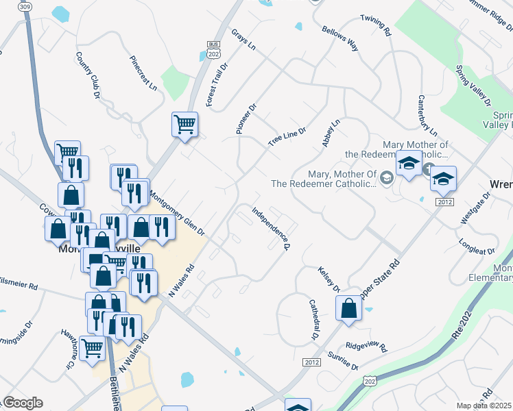 map of restaurants, bars, coffee shops, grocery stores, and more near 1201 Braxton Court in North Wales
