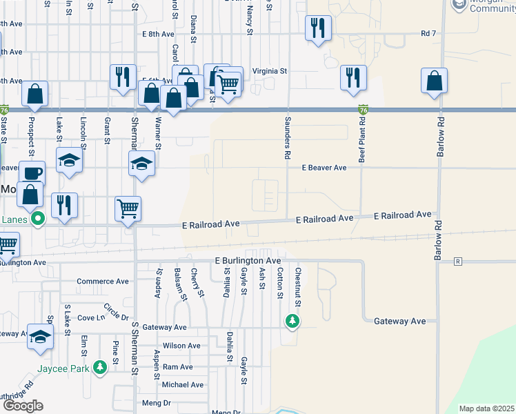map of restaurants, bars, coffee shops, grocery stores, and more near 909 East Railroad Avenue in Fort Morgan