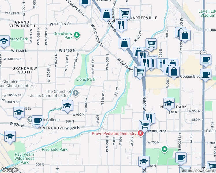 map of restaurants, bars, coffee shops, grocery stores, and more near 1174 850 West in Provo