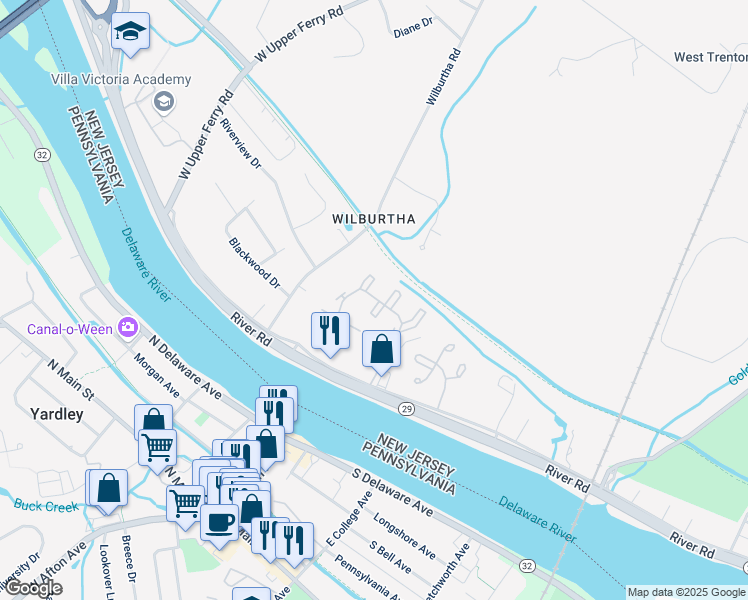 map of restaurants, bars, coffee shops, grocery stores, and more near 1612 Country Lane in Ewing Township