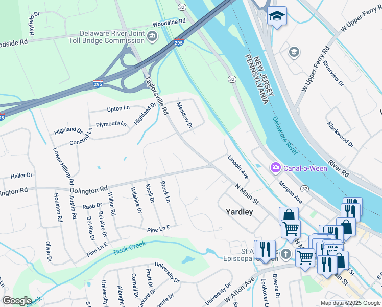 map of restaurants, bars, coffee shops, grocery stores, and more near 209 Taylorsville Road in Yardley