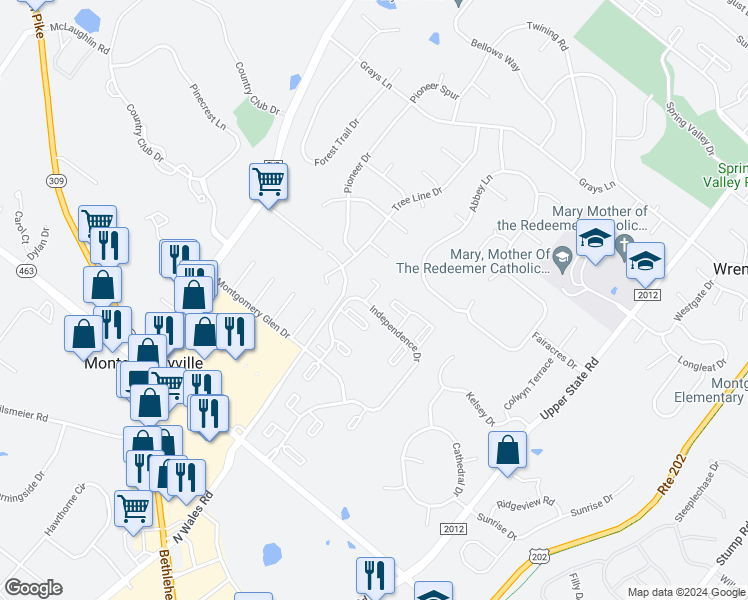 map of restaurants, bars, coffee shops, grocery stores, and more near 1201 Braxton Court in North Wales