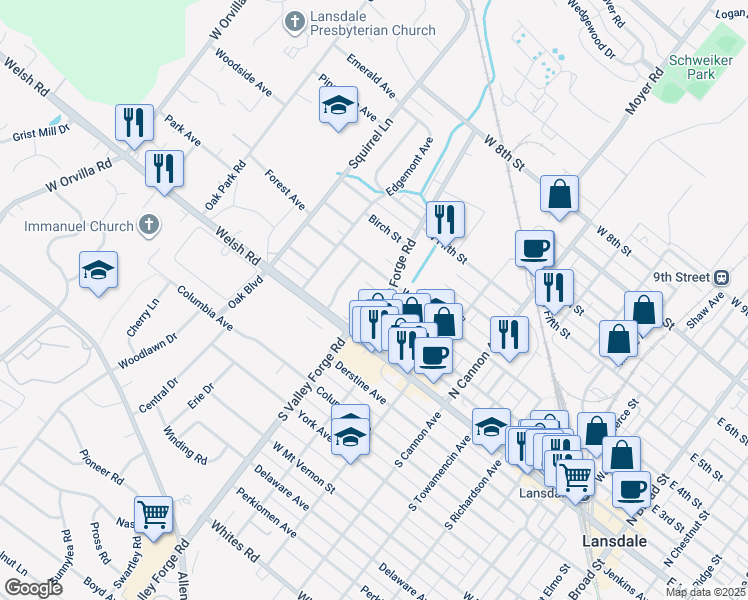 map of restaurants, bars, coffee shops, grocery stores, and more near 206 North Valley Forge Road in Lansdale