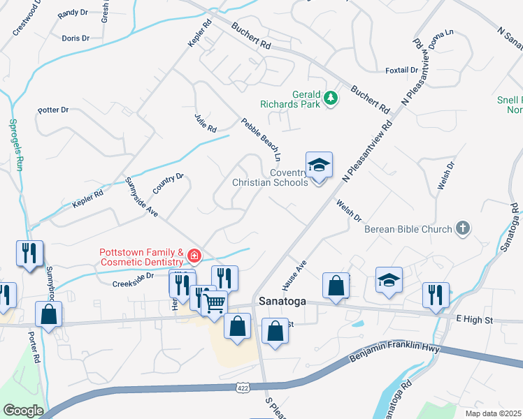 map of restaurants, bars, coffee shops, grocery stores, and more near 102 Village Lane in Pottstown