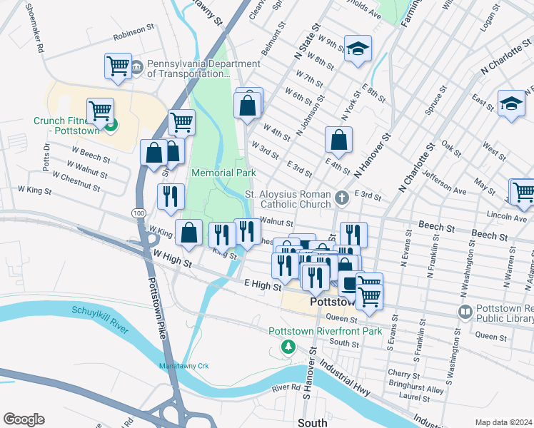 map of restaurants, bars, coffee shops, grocery stores, and more near 11 Walnut Street in Pottstown