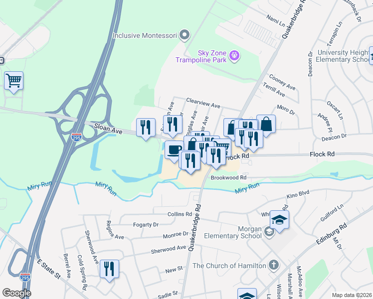 map of restaurants, bars, coffee shops, grocery stores, and more near 101 Sloan Avenue in Trenton