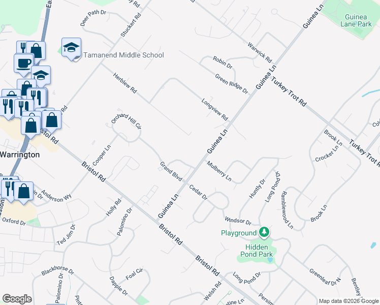 map of restaurants, bars, coffee shops, grocery stores, and more near 1450 Guinea Lane in Warrington