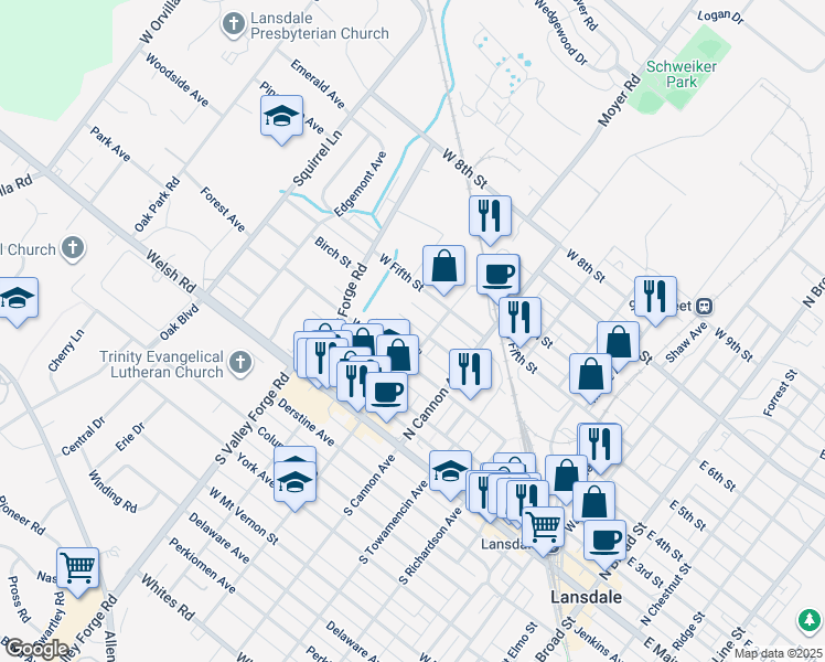 map of restaurants, bars, coffee shops, grocery stores, and more near 816 West 4th Street in Lansdale