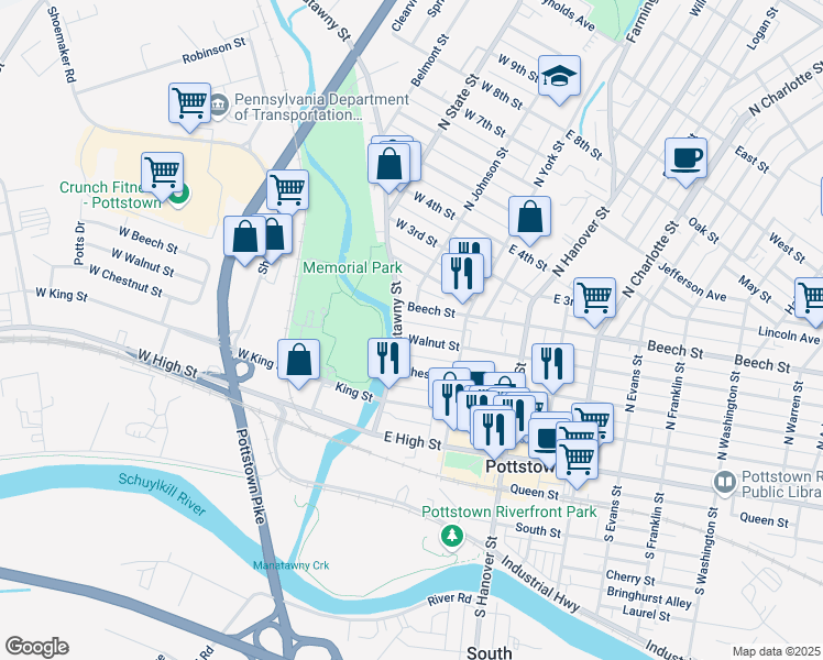 map of restaurants, bars, coffee shops, grocery stores, and more near 11 Walnut Street in Pottstown