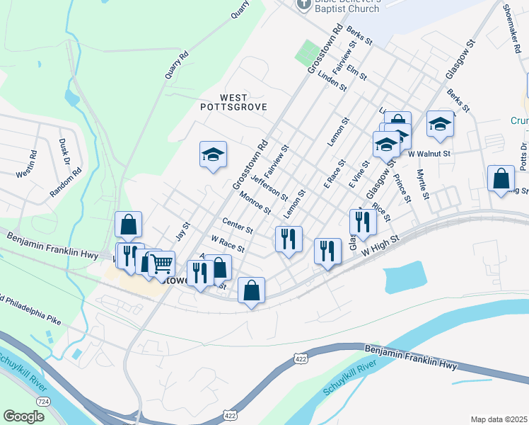 map of restaurants, bars, coffee shops, grocery stores, and more near 101 East Howard Street in Pottstown