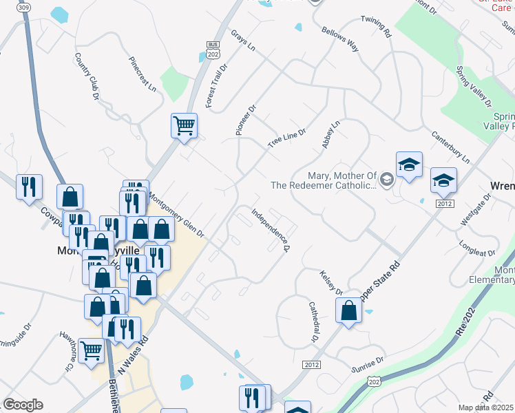 map of restaurants, bars, coffee shops, grocery stores, and more near 1201 Braxton Court in North Wales